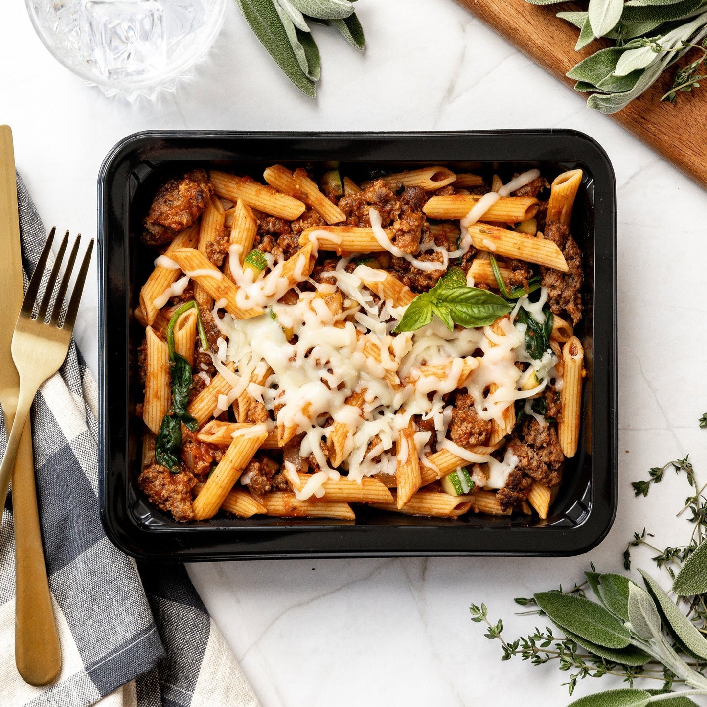Mostaccioli - Hearty ground beef baked with chickpea pasta, bright marinara, and three cheeses; ricotta, mozzarella, and parmesan, for a high-protein…