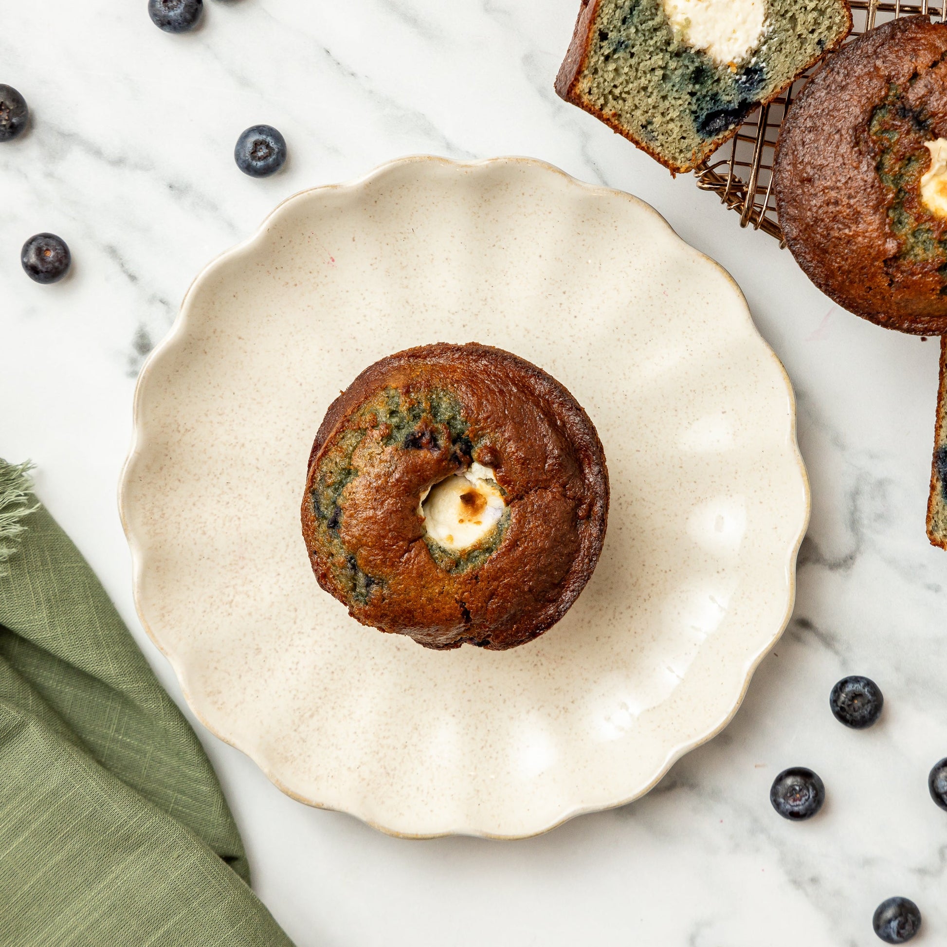 Blueberry Cream Cheese Breakfast Muffin - Almond flour, gluten free flour, plant based protein powder, collagen peptides, blueberries, cream cheese filling