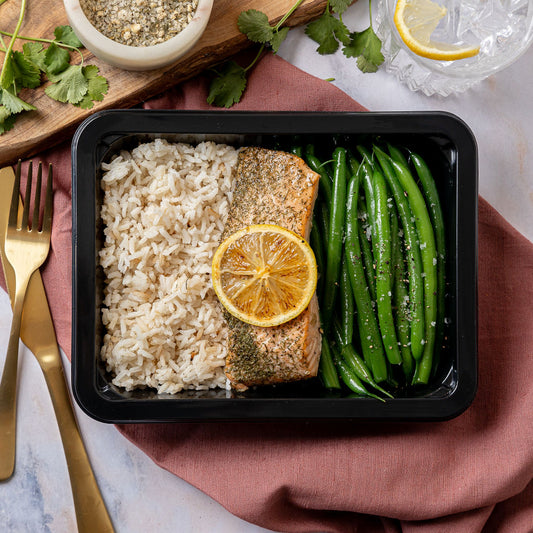 Lemon Dill Salmon - Oven-baked salmon with bright lemon and dill, paired with green beans and toasted buttery basmati rice for a clean, light classic