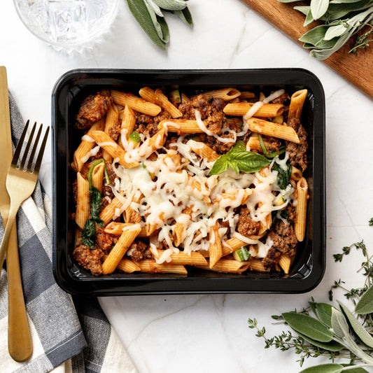Mostaccioli - Hearty ground beef baked with chickpea pasta, bright marinara, and three cheeses; ricotta, mozzarella, and parmesan, for a high-protein…