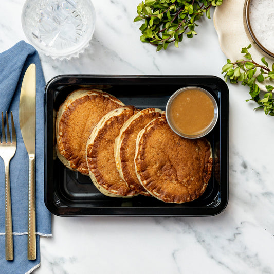 Peanut Butter Pancakes - Gluten free flour, pasture-raised eggs, Greek yogurt, vanilla, side of maple peanut butter sauce