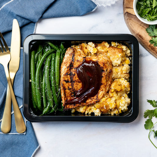 BBQ Chicken & Corn Cakes - Sweet honey BBQ chicken, green beans, sweet and savory corn cakes