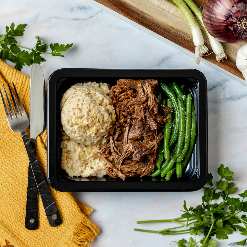BBQ Braised Beef & Corn Cakes