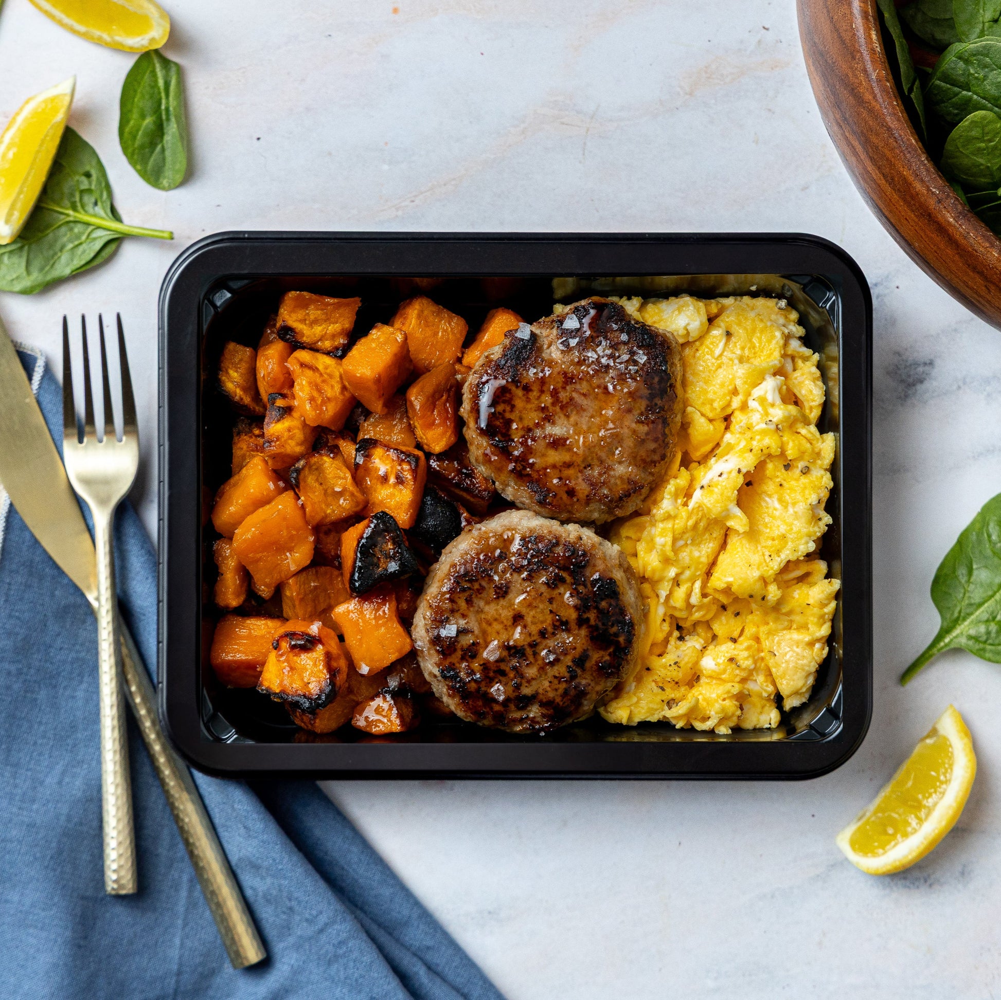 Hot Honey Breakfast Scramble - Spicy-sweet chorizo-seasoned turkey, roasted sweet potatoes, pasture-raised eggs finished with a drizzle of hot honey