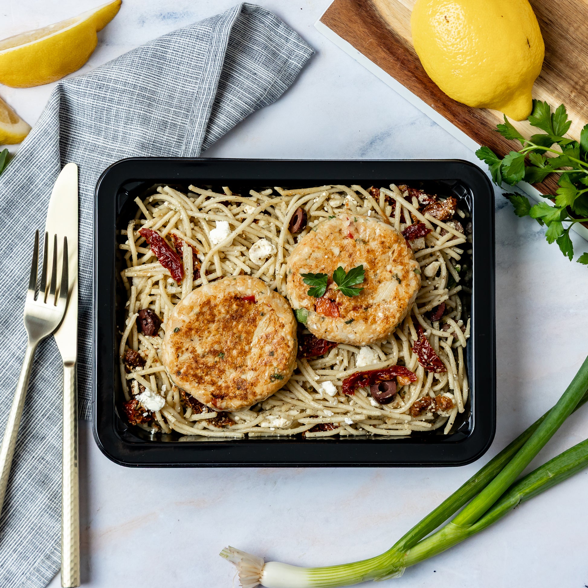 "Crab" Cakes & Mediterranean Pasta - Vegan "crab" cakes made from hearts of palm, chickpeas, gluten free bread crumbs, and spices, with a side of whole wheat mediterranean pasta