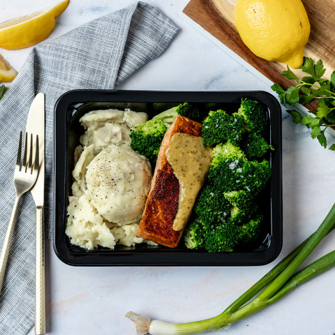 Maple Mustard Salmon, Garlic Yukons, & Broccoli